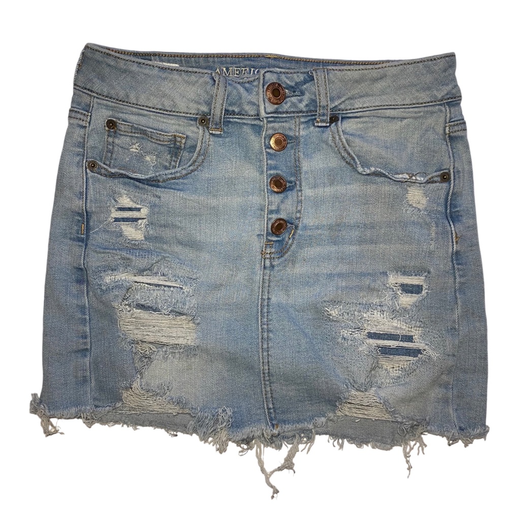 American Eagle Hi Rise Distressed Blue Jean Mini Skirt / Light Wash Denim 6 reg